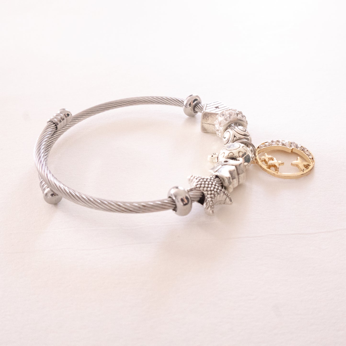 Stainless Steel Cable Bracelet with Moon & Stars Charm