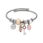 Silver bracelet with various charms on a white background
