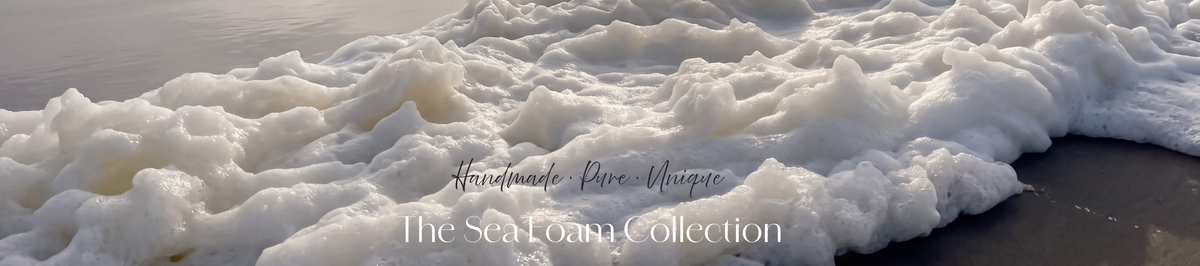 A beach shoreline at golden hour with foamy white surf washing onto wet sand, overlaid with the text 'lalestore' at the top and 'Handmade Pure Vegan The Sea Foam Collection' at the bottom.