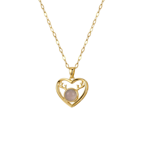 Gold heart-shaped necklace with a pink gemstone on a white background