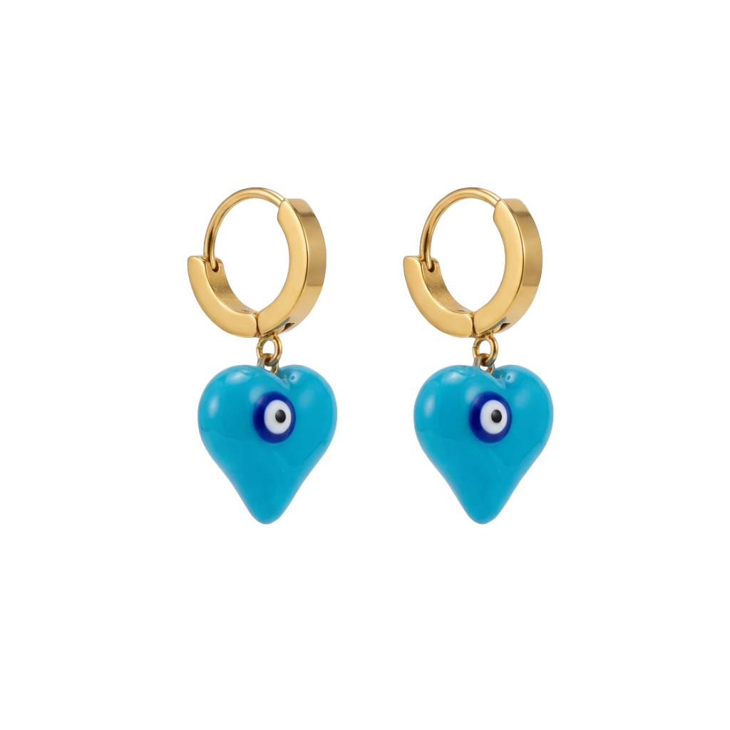 Gold hoop earrings with turquoise heart-shaped charms on a white background