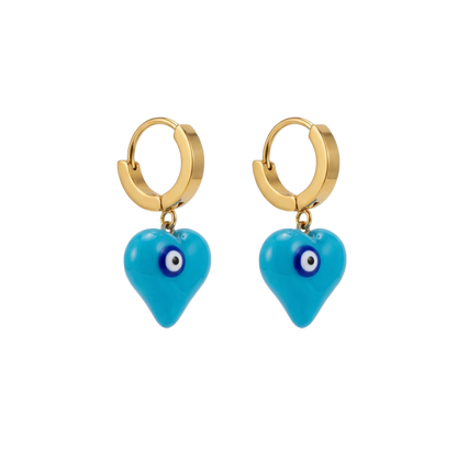 Gold hoop earrings with turquoise heart-shaped charms on a white background
