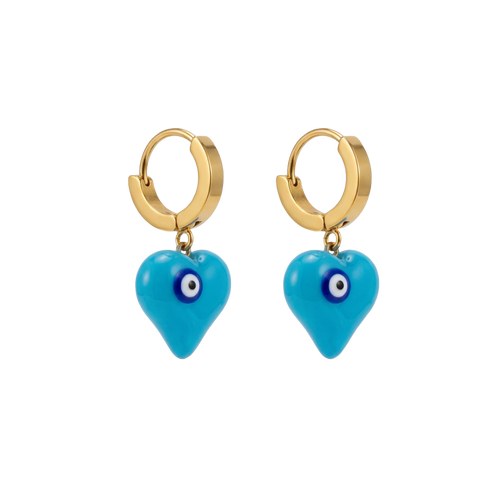 Gold hoop earrings with turquoise heart-shaped charms on a white background