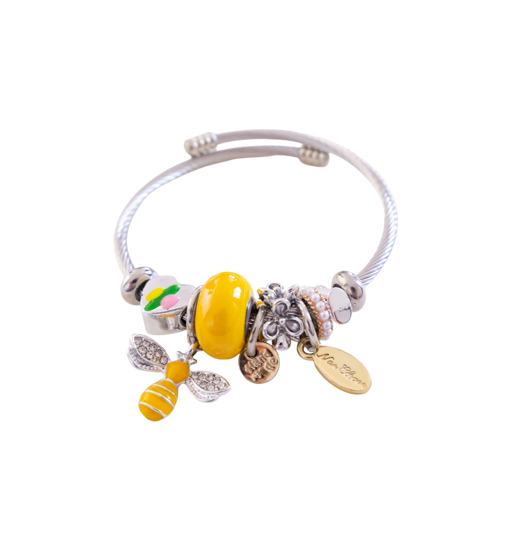 Stainless Steel Charm Bracelet with Yellow Bee, Heart, Beads