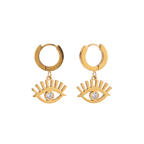 Gold hoop earrings with eye designs on a white background