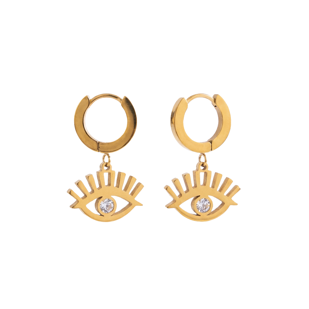 Gold hoop earrings with eye designs on a white background