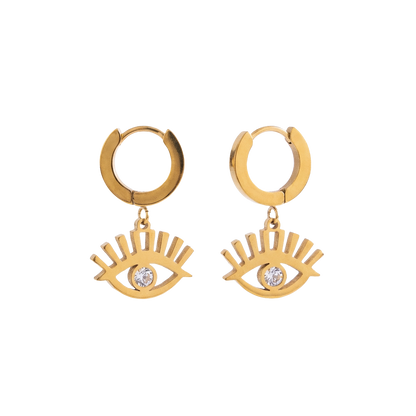 Gold hoop earrings with eye designs on a white background