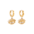 Gold hoop earrings with eye designs on a white background