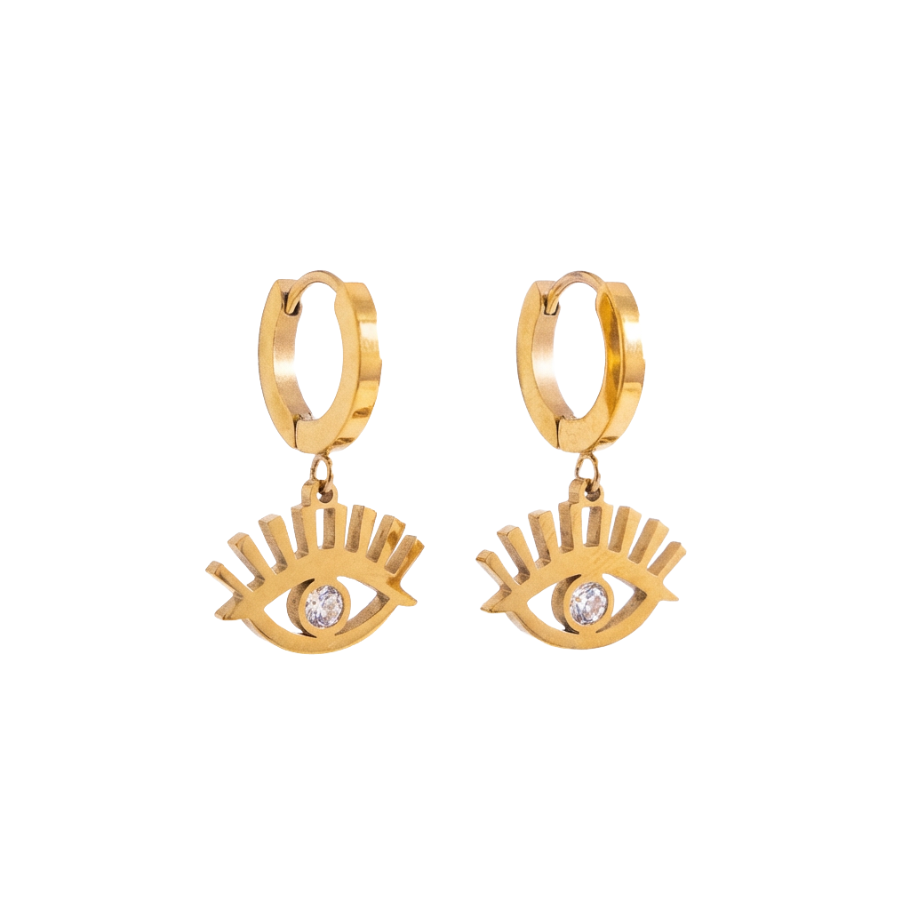 Gold hoop earrings with eye designs on a white background