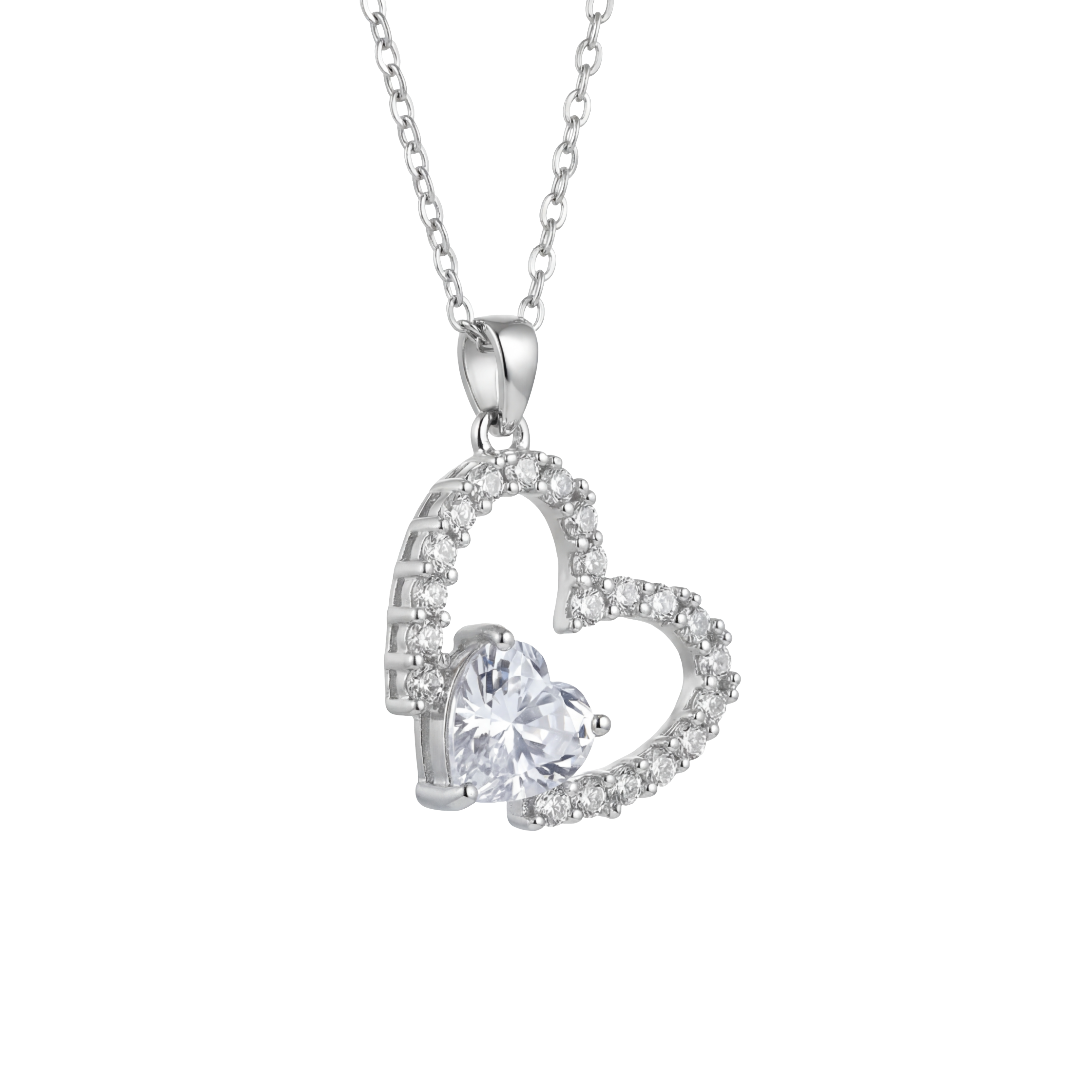 Silver Open Sparkling Crystal Heart Necklace