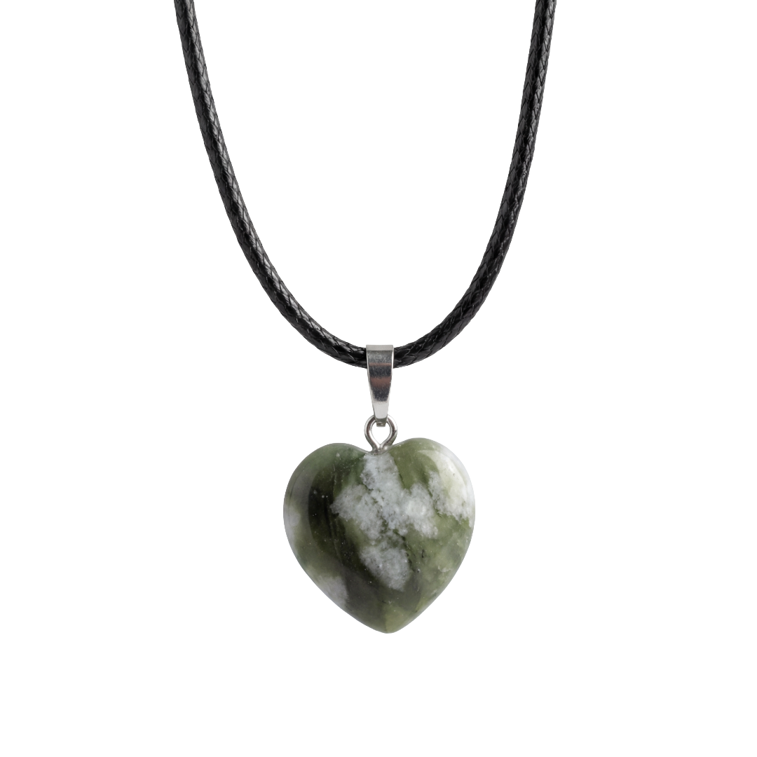 Natural Green Stone Heart Pendant Necklace with Black Cord