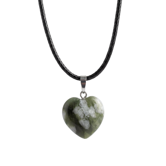 Natural Green Stone Heart Pendant Necklace with Black Cord