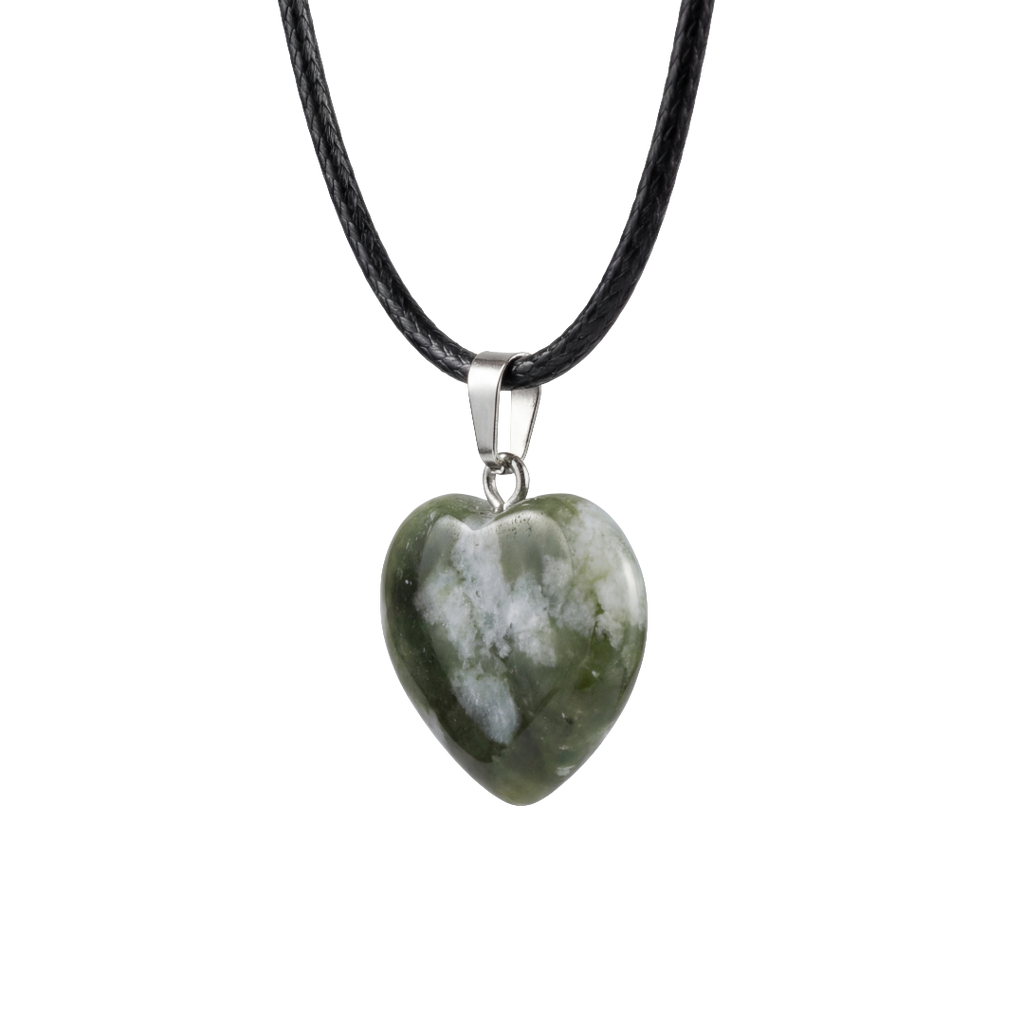 Natural Green Stone Heart Pendant Necklace with Black Cord