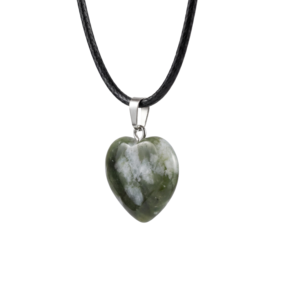 Natural Green Stone Heart Pendant Necklace with Black Cord