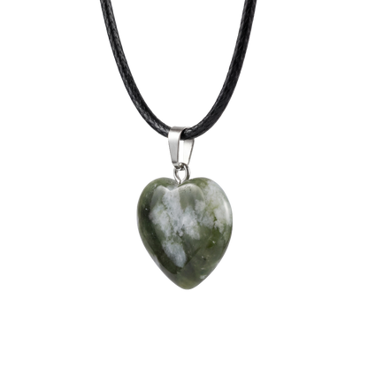Natural Green Stone Heart Pendant Necklace with Black Cord