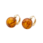 Pair of amber hoop earrings with gold loops on a white background