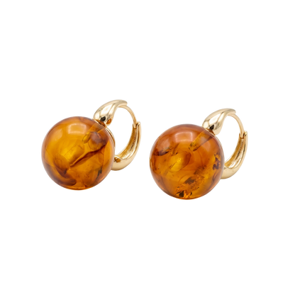 Pair of amber hoop earrings with gold loops on a white background