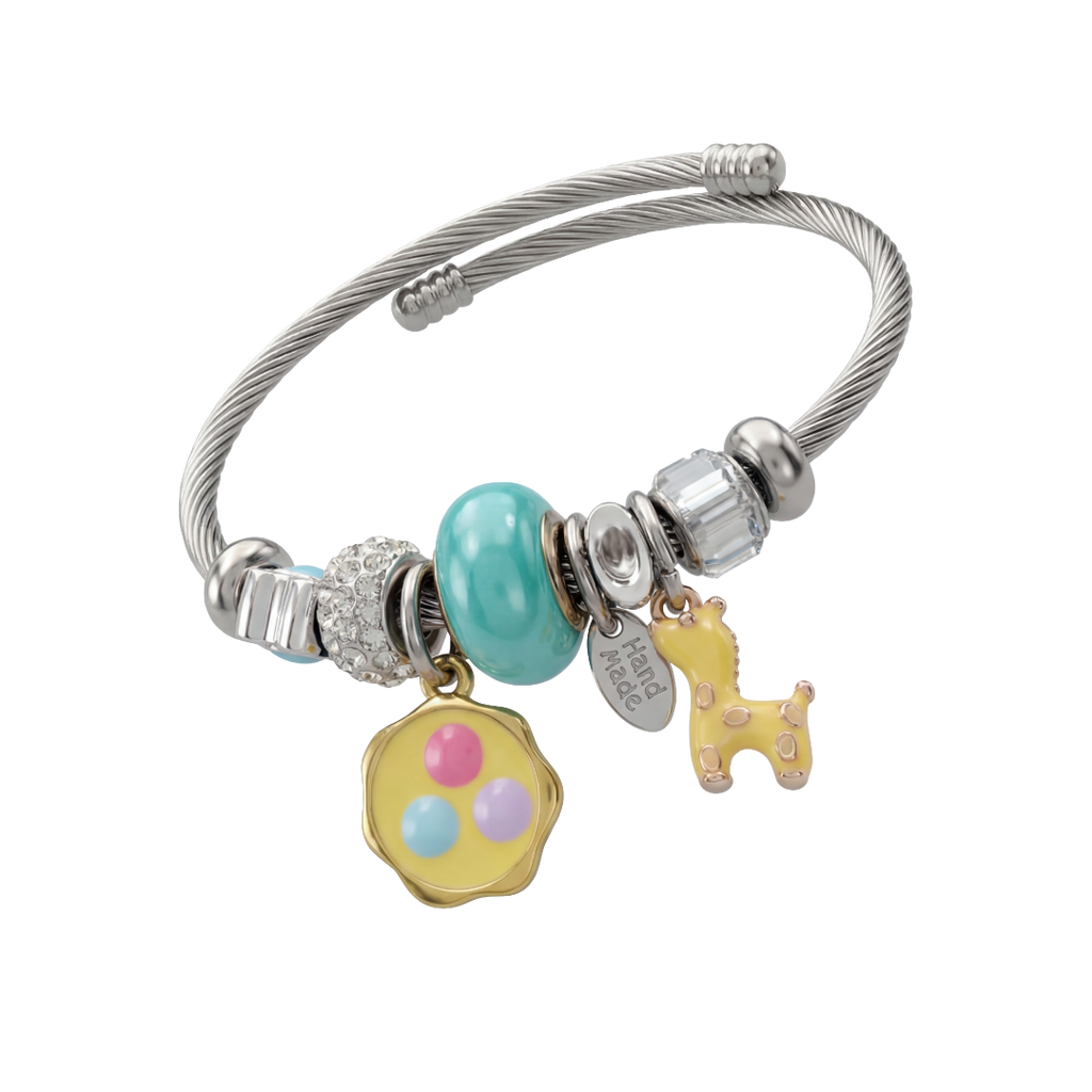 Stainless Steel Charm Bracelet with Flower, Beads, Bolt
