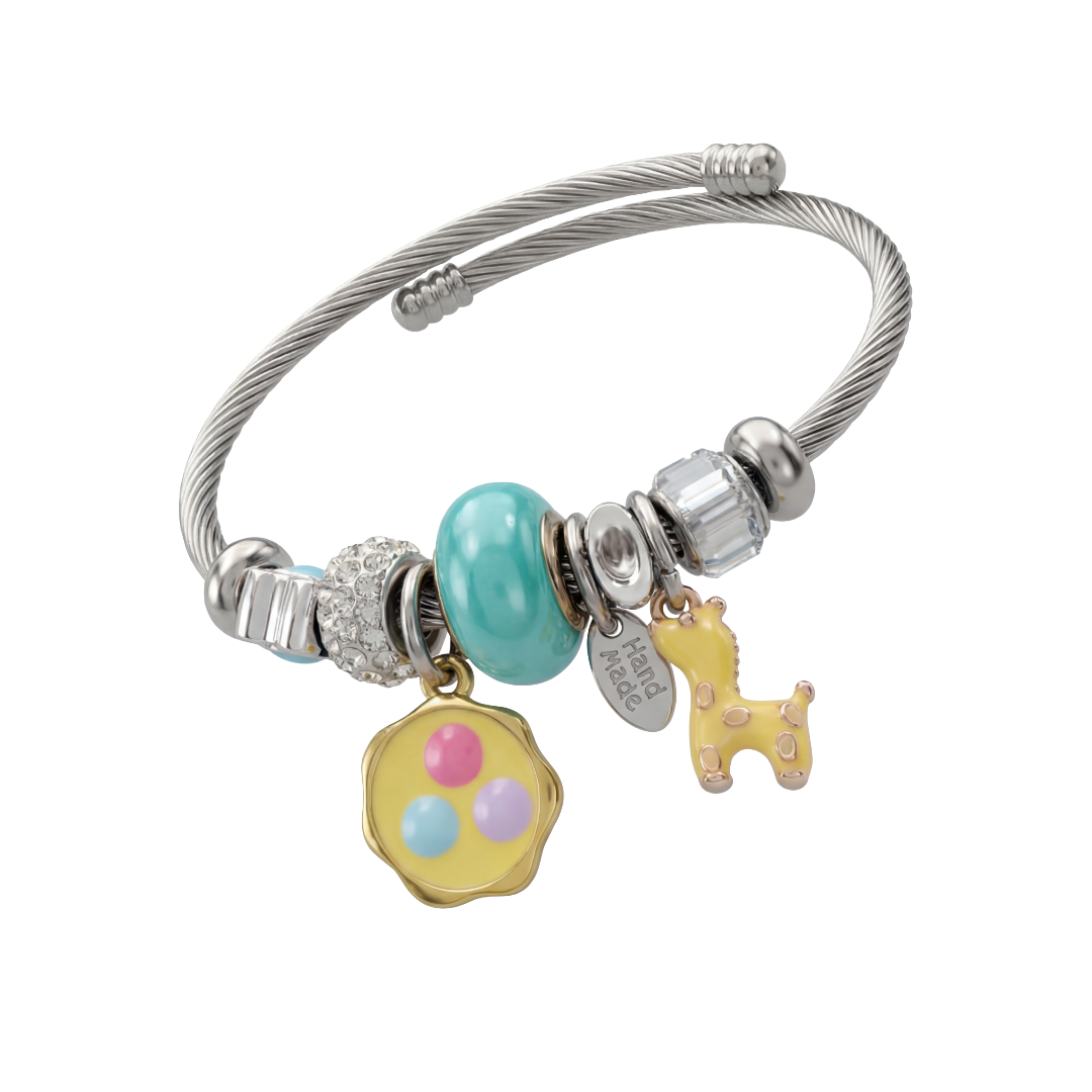 Stainless Steel Charm Bracelet with Flower, Beads, Bolt