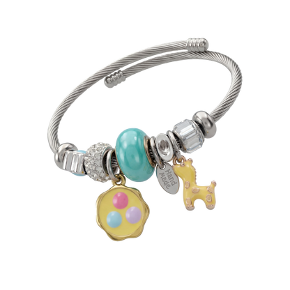 Stainless Steel Charm Bracelet with Flower, Beads, Bolt