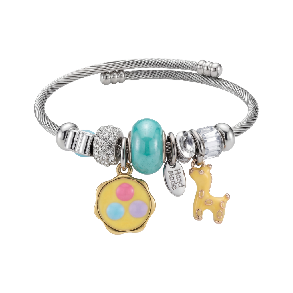 Stainless Steel Charm Bracelet with Flower, Beads, Bolt