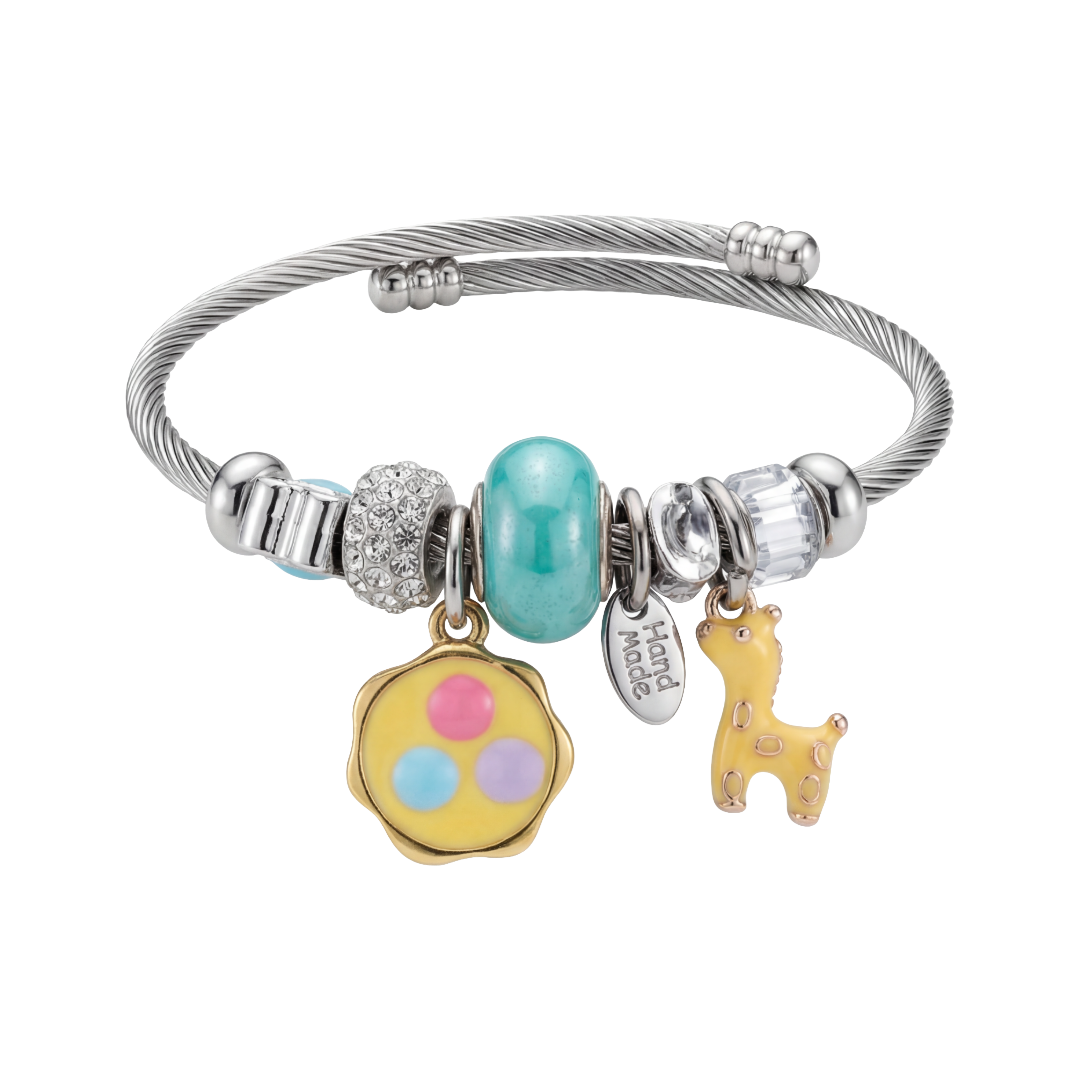 Stainless Steel Charm Bracelet with Flower, Beads, Bolt