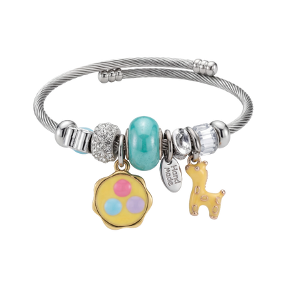 Stainless Steel Charm Bracelet with Flower, Beads, Bolt