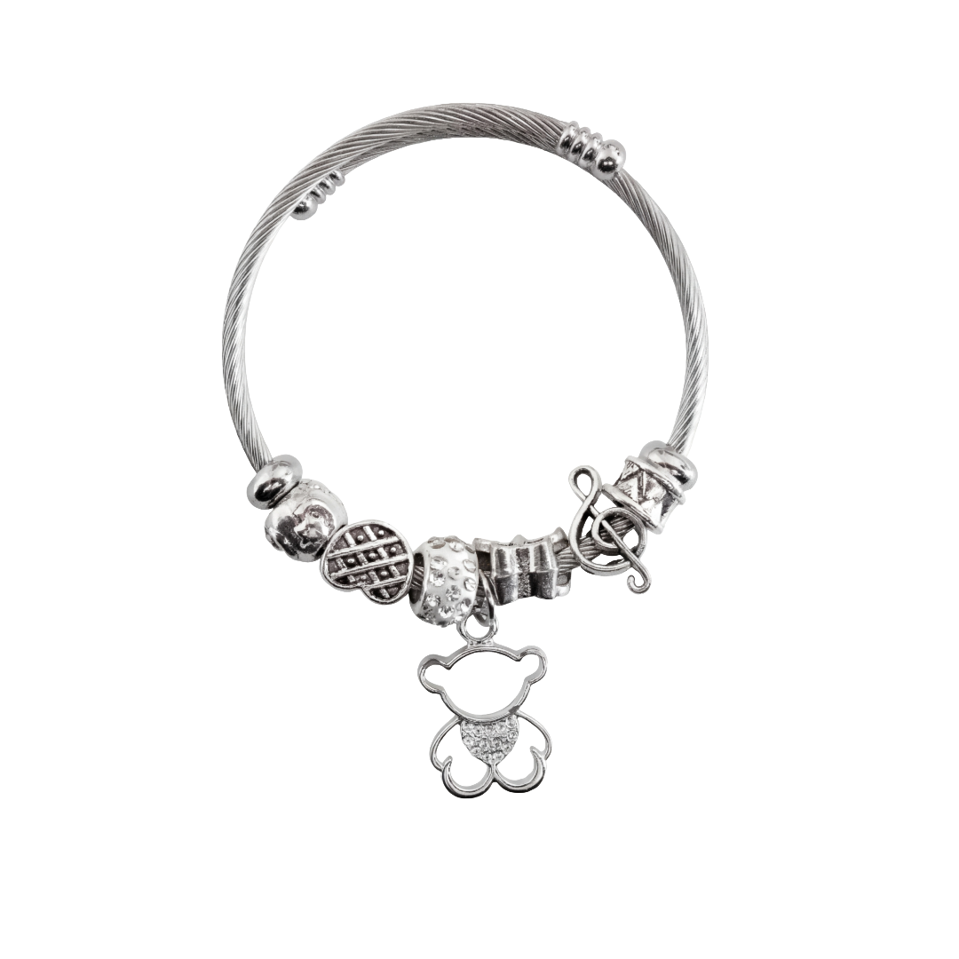 Pulseira com pendente de urso prateado em aço inoxidável