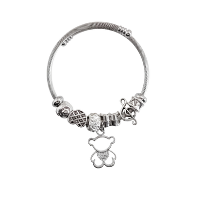 Pulseira com pendente de urso prateado em aço inoxidável