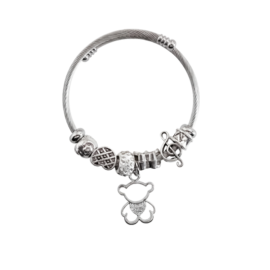 Pulsera de acero inoxidable con dije de oso plateado