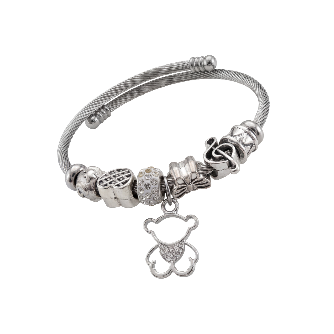 Pulseira com pendente de urso prateado em aço inoxidável