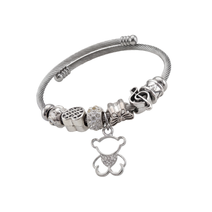 Pulseira com pendente de urso prateado em aço inoxidável
