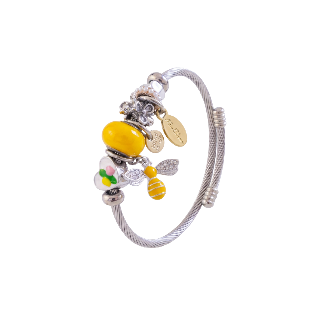 Stainless Steel Charm Bracelet with Yellow Bee, Heart, Beads