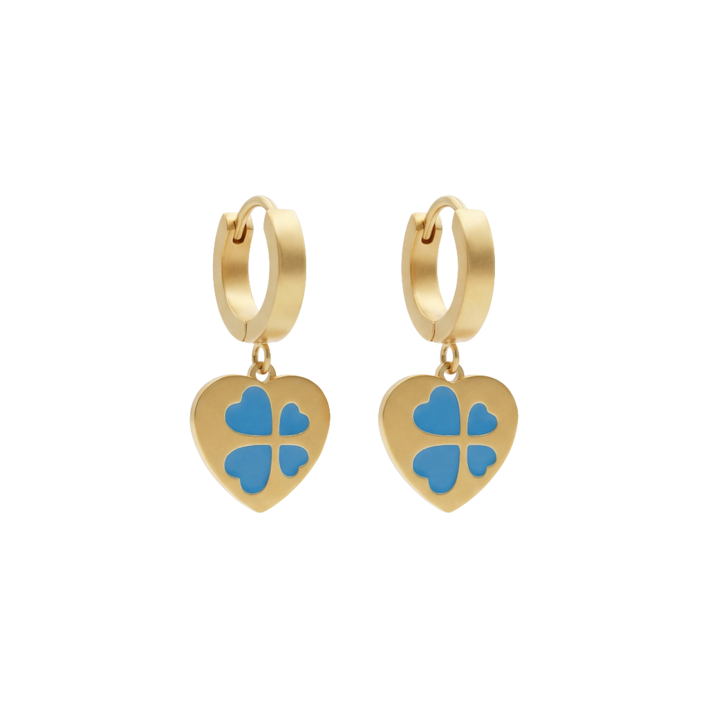 Blue Clover Charm Heart Earings