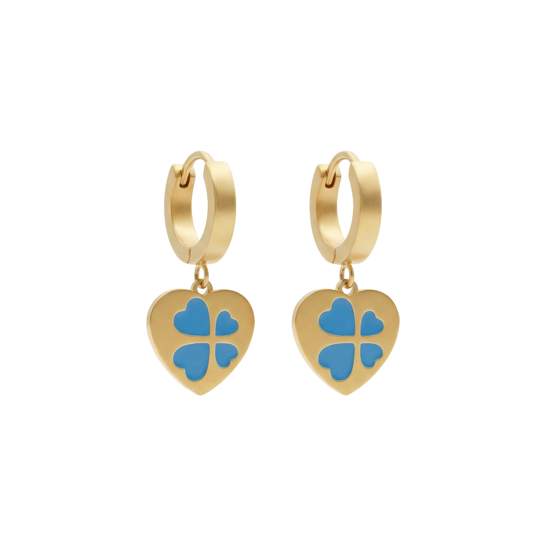 Blue Clover Charm Heart Earings