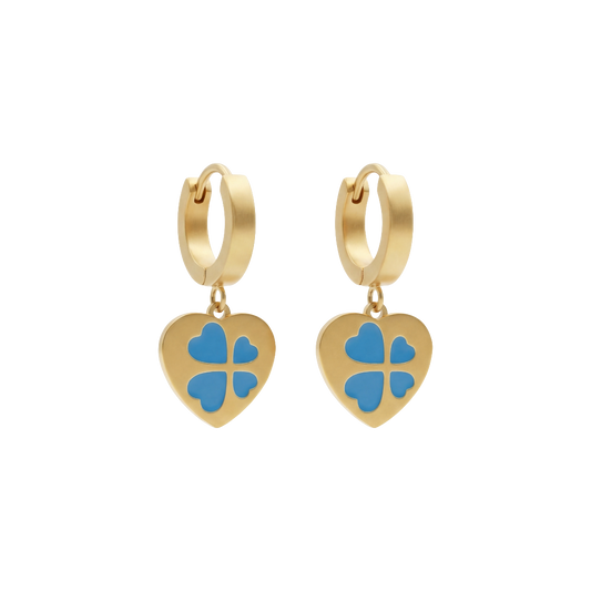 Blue Clover Charm Heart Earings