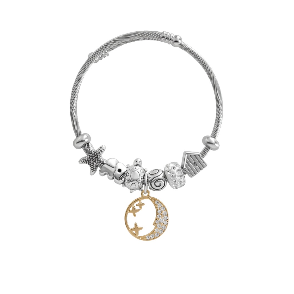 Stainless Steel Cable Bracelet with Moon & Stars Charm