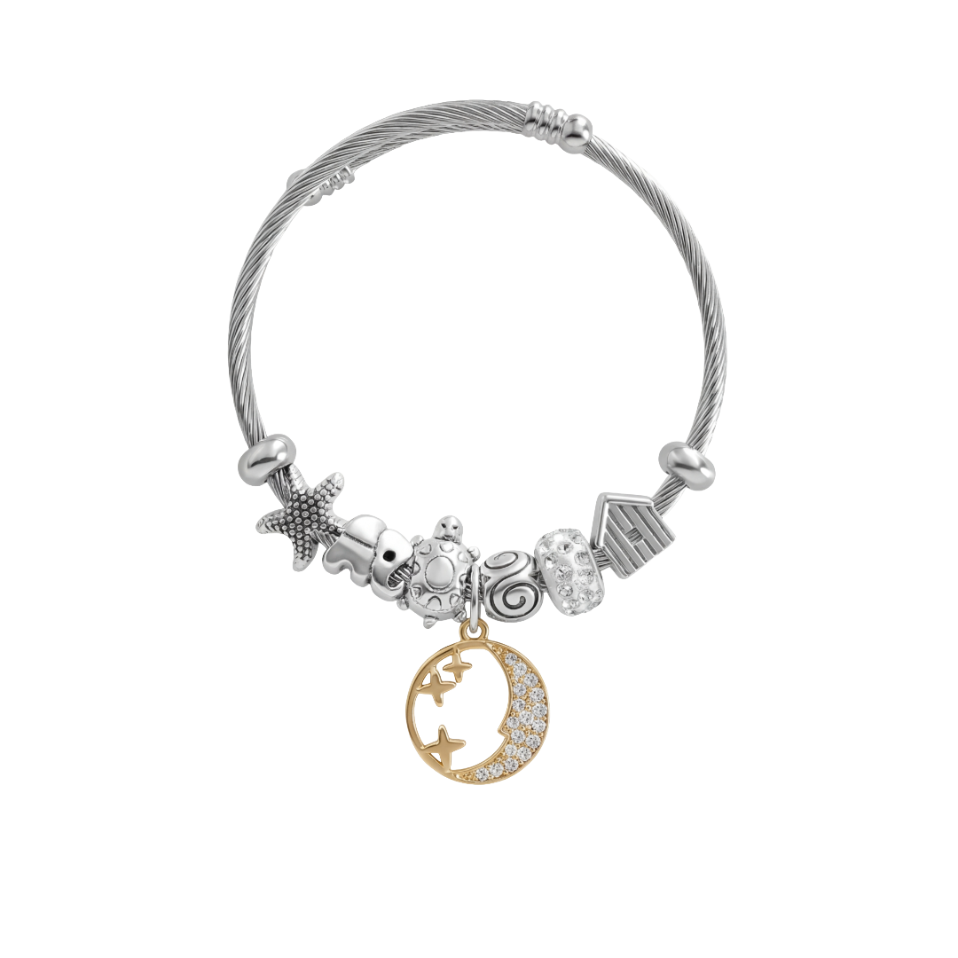 Stainless Steel Cable Bracelet with Moon & Stars Charm