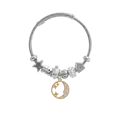 Stainless Steel Cable Bracelet with Moon & Stars Charm