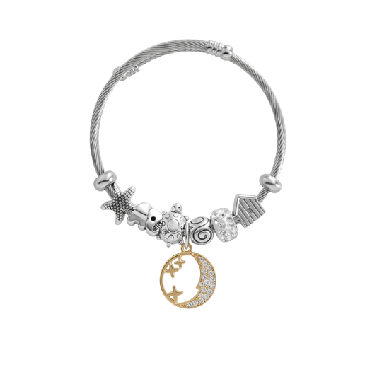 Stainless Steel Cable Bracelet with Moon & Stars Charm