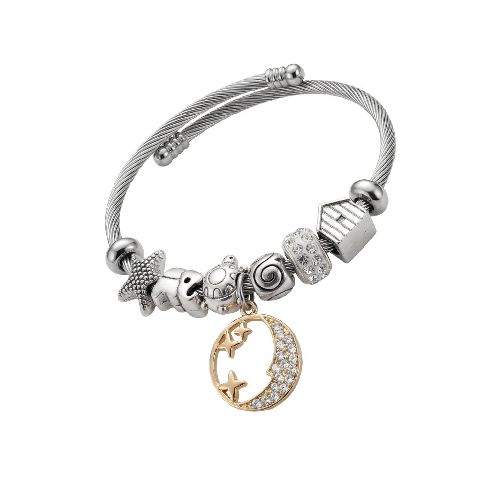 Stainless Steel Cable Bracelet with Moon & Stars Charm