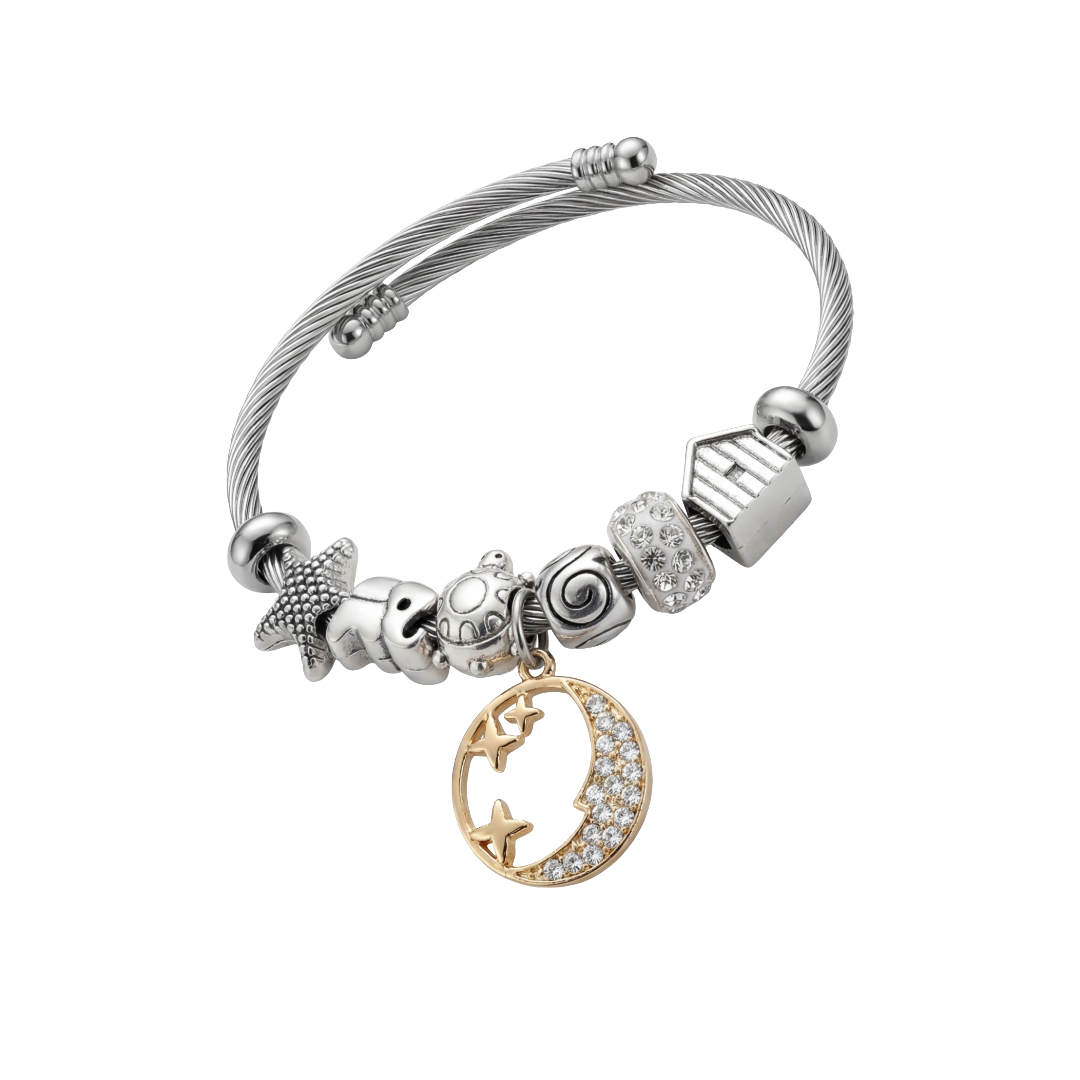 Stainless Steel Cable Bracelet with Moon & Stars Charm