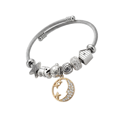 Stainless Steel Cable Bracelet with Moon & Stars Charm