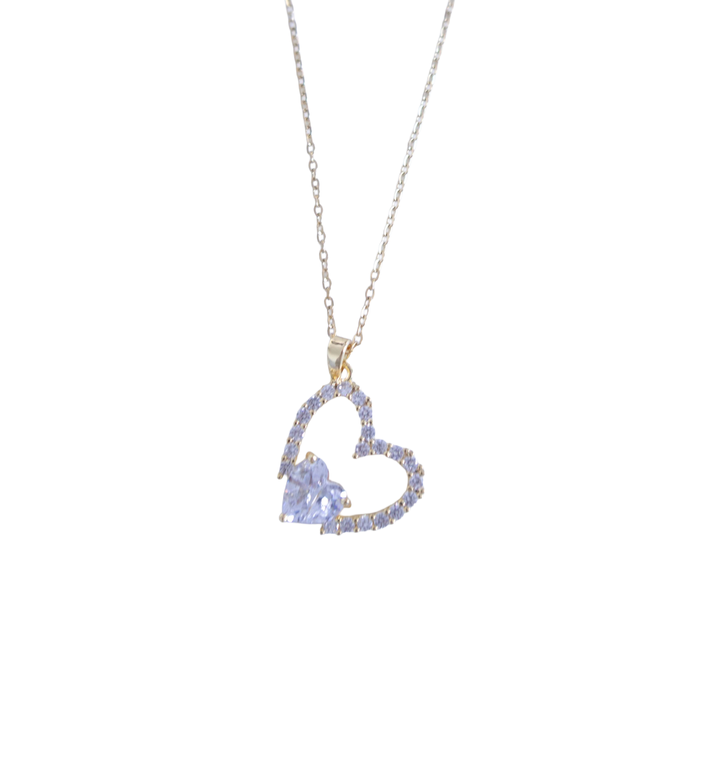 Gold Open Sparkling Crystal Heart Necklace