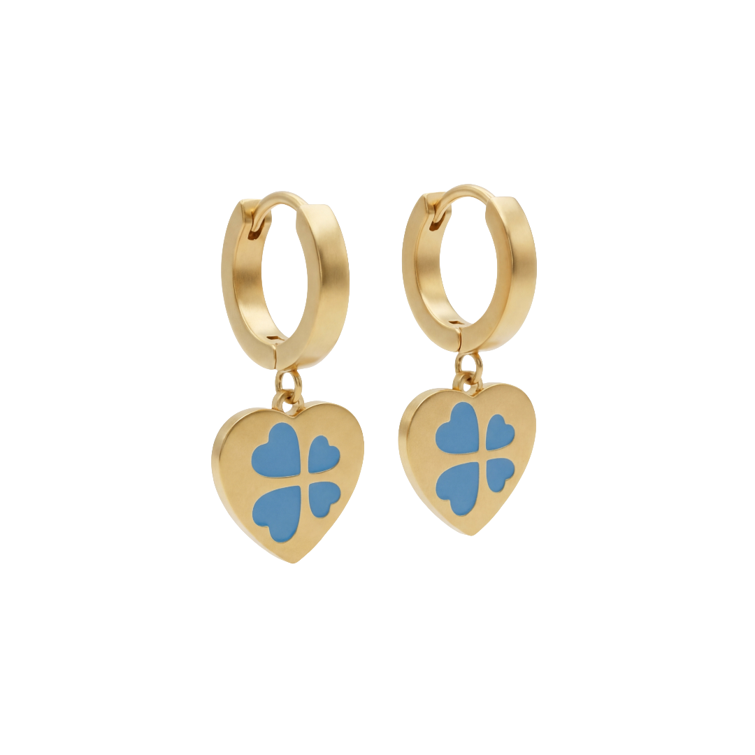Blue Clover Charm Heart Earings