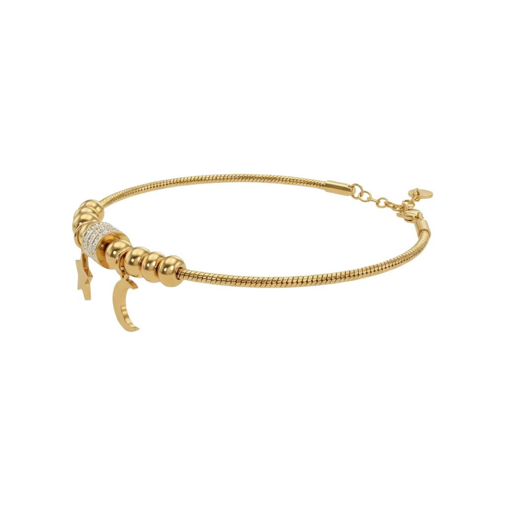Gold bracelet with a unique clasp design on a white background