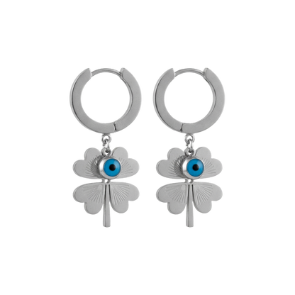 Blue Evil Eye Four-Leaf Clover Earrings