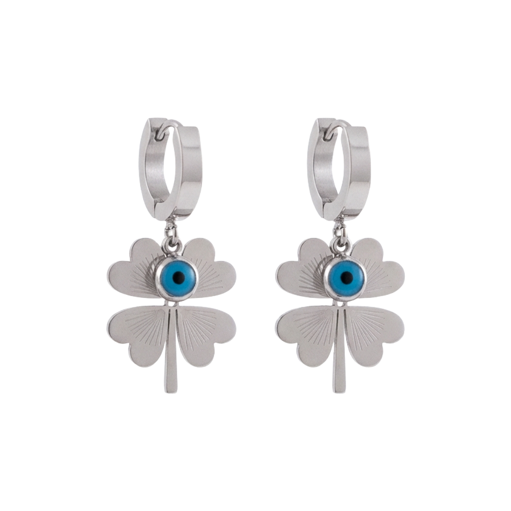 Blue Evil Eye Four-Leaf Clover Earrings