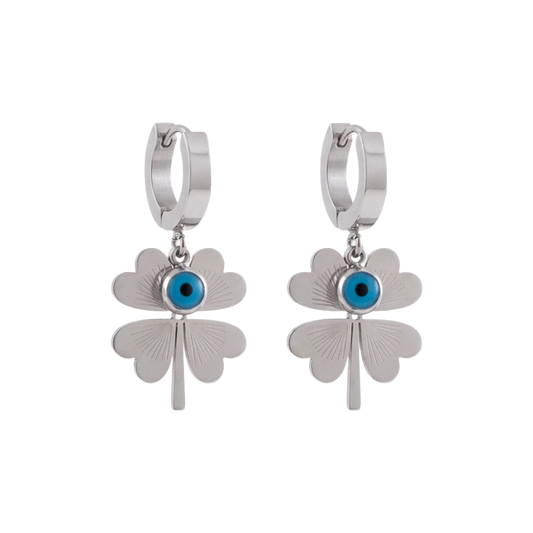 Blue Evil Eye Four-Leaf Clover Earrings