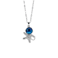 Silver necklace with a blue gemstone pendant on a white background
